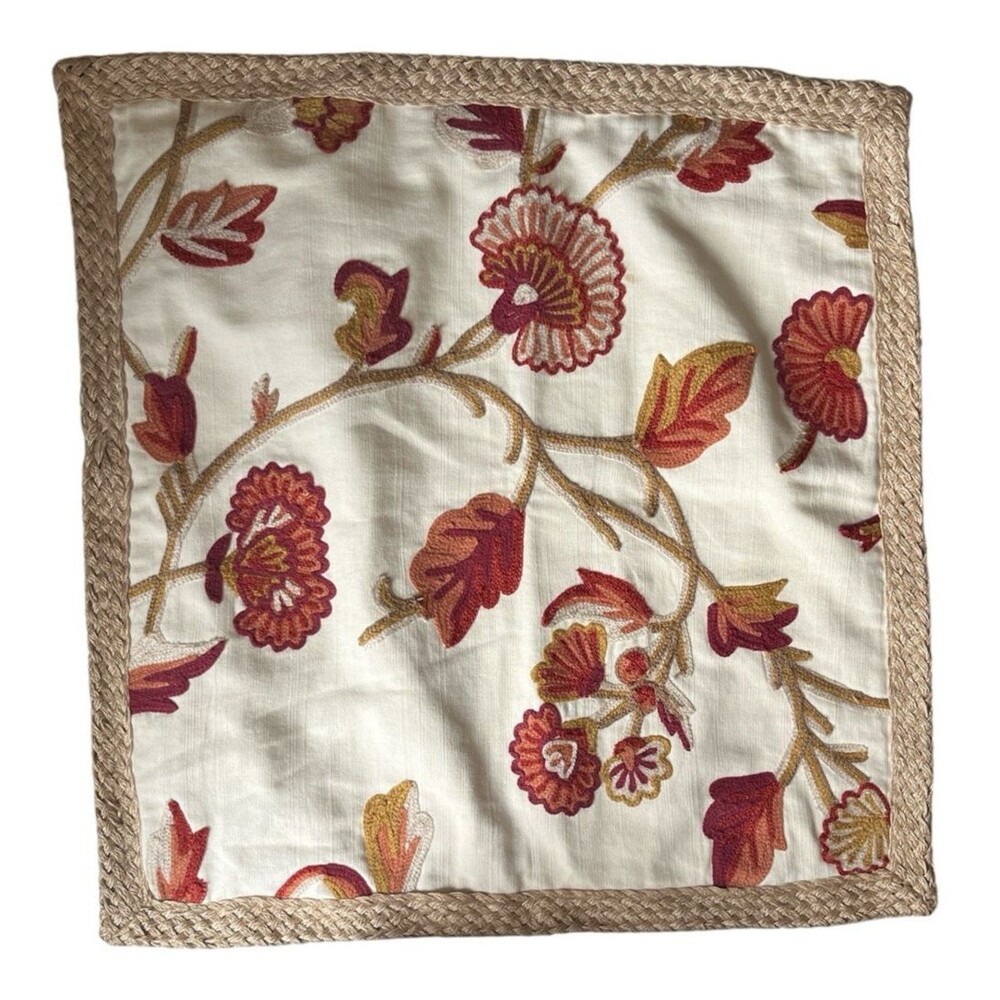 Pottery Barn Embroidered Pillow Sham Square Cotton Multicolor Reds Brown 20 x 20